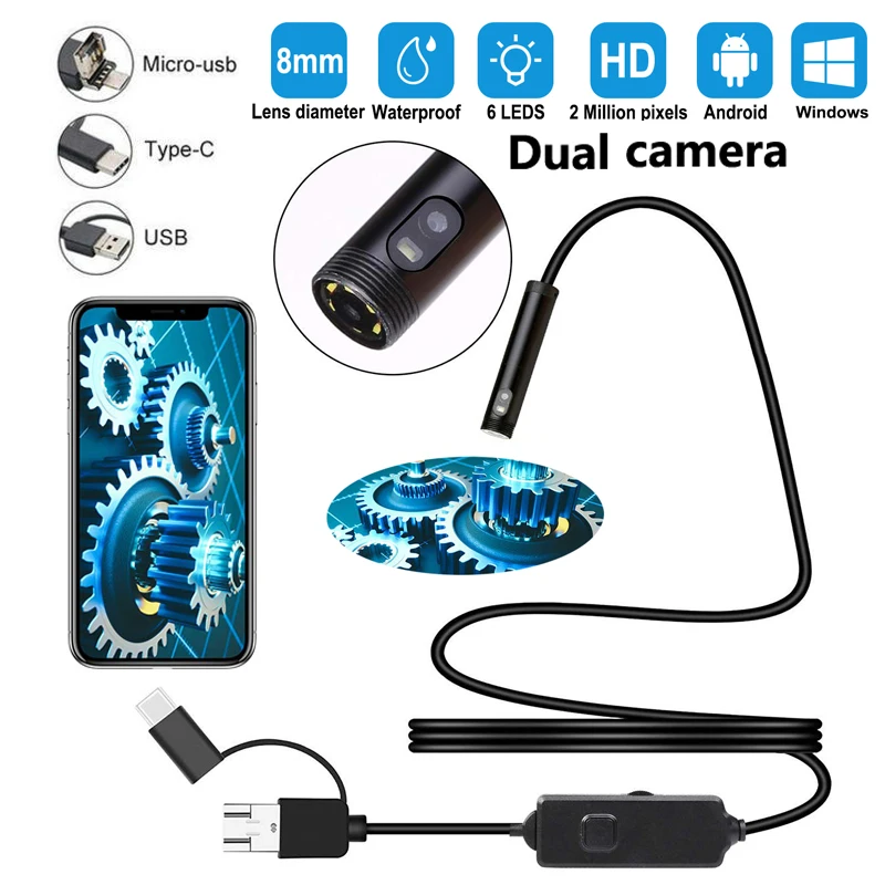 

3in1 Dual USB Endoscope Camera 2m 5m 10m Hard Cable Snake Inspection Camera 8mm 6 LED Borescope for Android PC Endoscope
