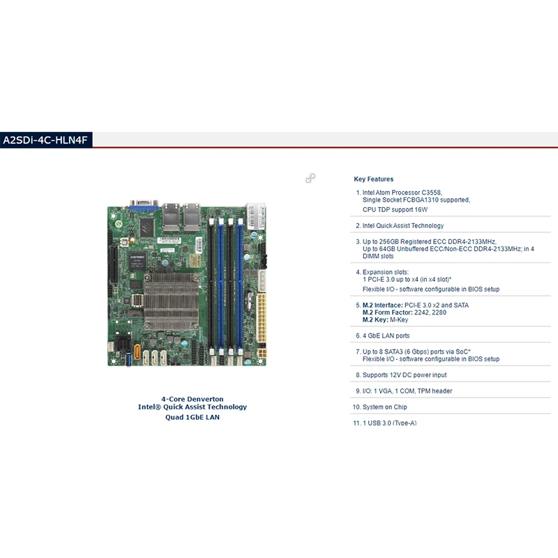 A2SDI-4C-HLN4F For Supermicro Server Motherboard 8SATA 4 Network Card 4  Cores Low Power NAS Soft Routing Remote Management ITX
