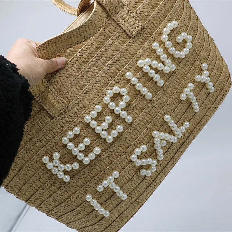 

New Pearl Letter Embroidery Straw Shoulder Woven Bag Fashion Women's Bag