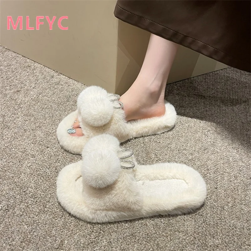 Online Red Plush Slippers for Women's Autumn and Winter 2023 New Water Diamond Warm Cotton Slippers Fashion Slippers