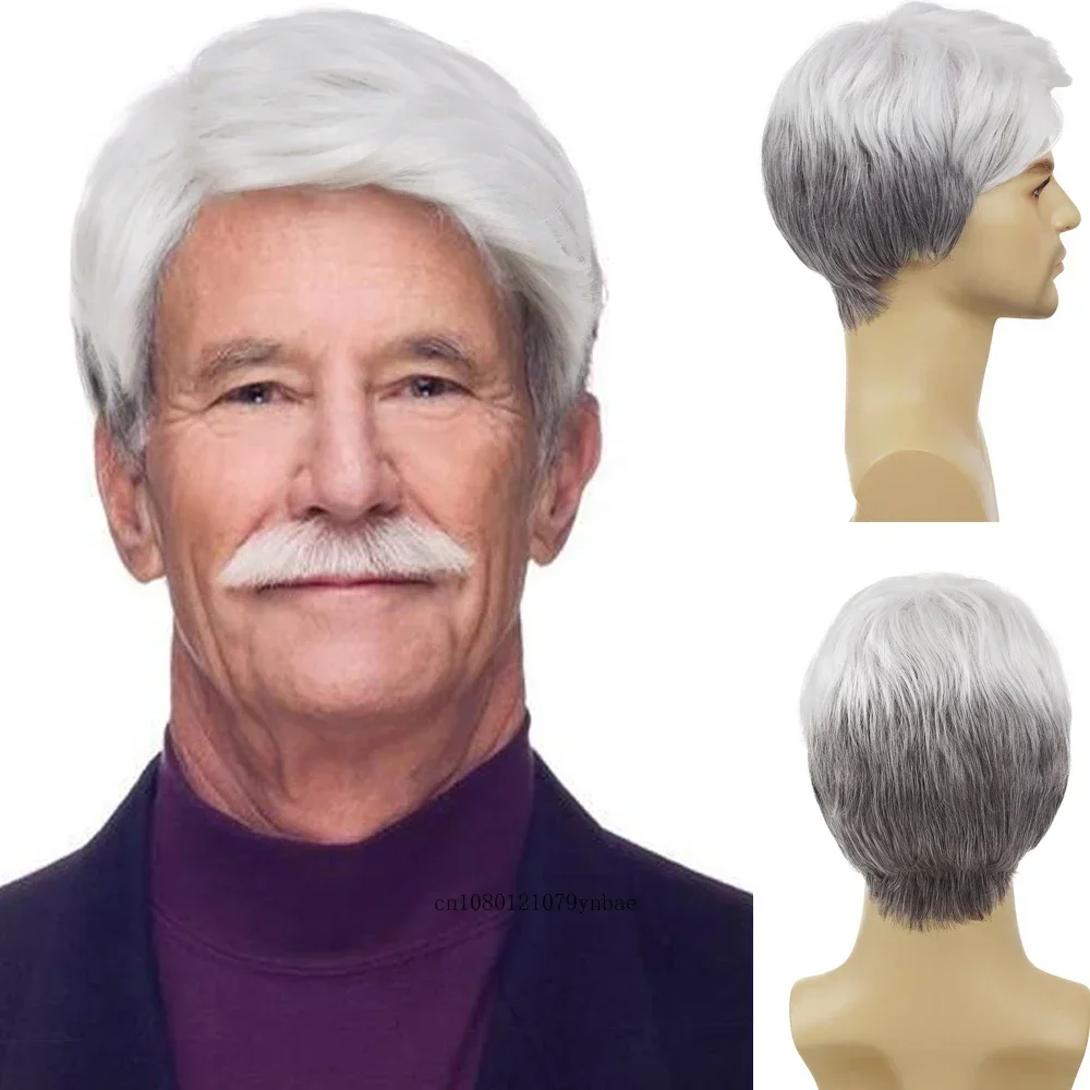 Blanche Wigs for Old Men Synthetic Short Haircuts White Mix Grey Wig with Beard Moustache Cosplay Costume Elderly Grandpa Wig