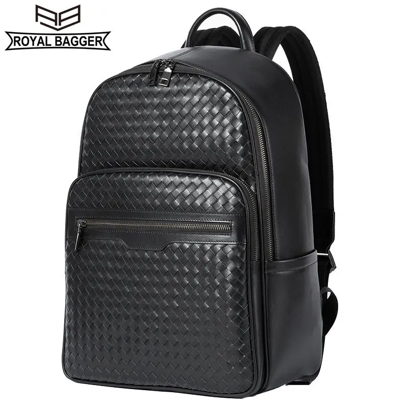 

Royal Bagger Business Backpack for Men with Breathable Back Woven Pattern Genuine Cow Leather Fashion Multi-function Bag 6768