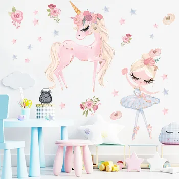 Fairy Princess Unicorn Wall Stickers for Kids Rooms Girls Cute Ballet Dancer Flower Star Wallpaper Nursery Baby Room Decoration 1