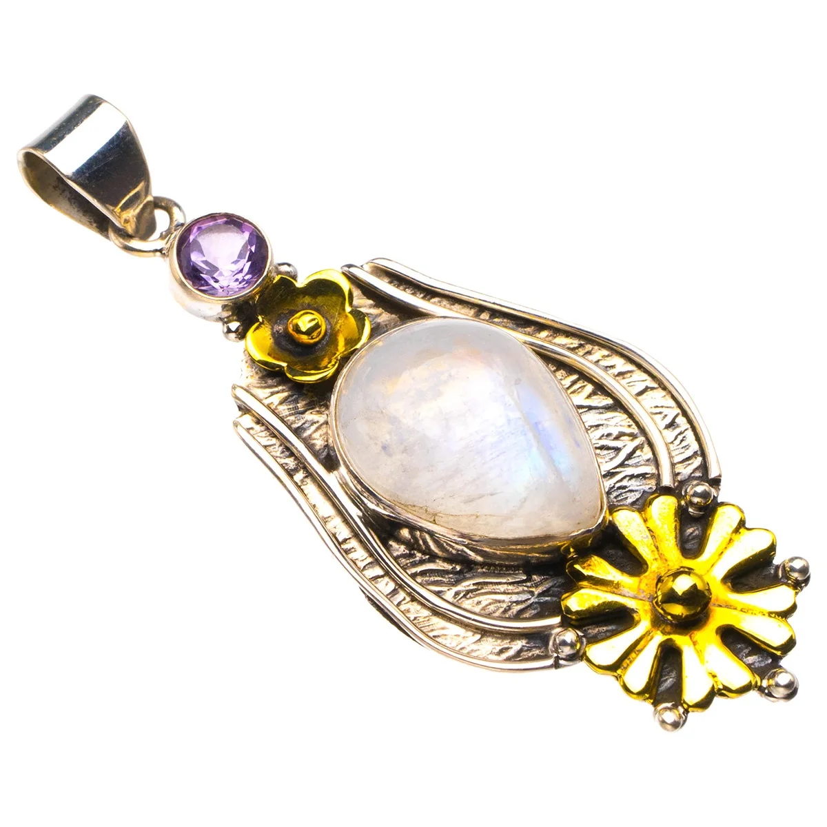 

Two Tones 18K Gold Plated Rainbow Moonstone And Amethyst Flower Handmade 925 Sterling Silver Pendant 2" D2534