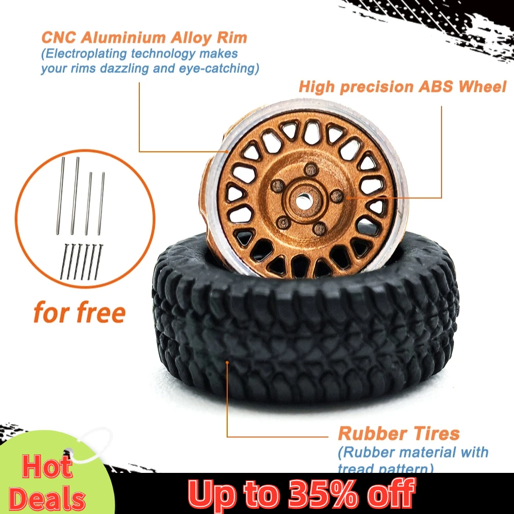 Kicarmod 1/64 Model Car All-Terrain Wheels with Rubber Tire Rivet Axle Metal Rims Diameter 14.5mm Refitting Parts For Hot Wheels 3