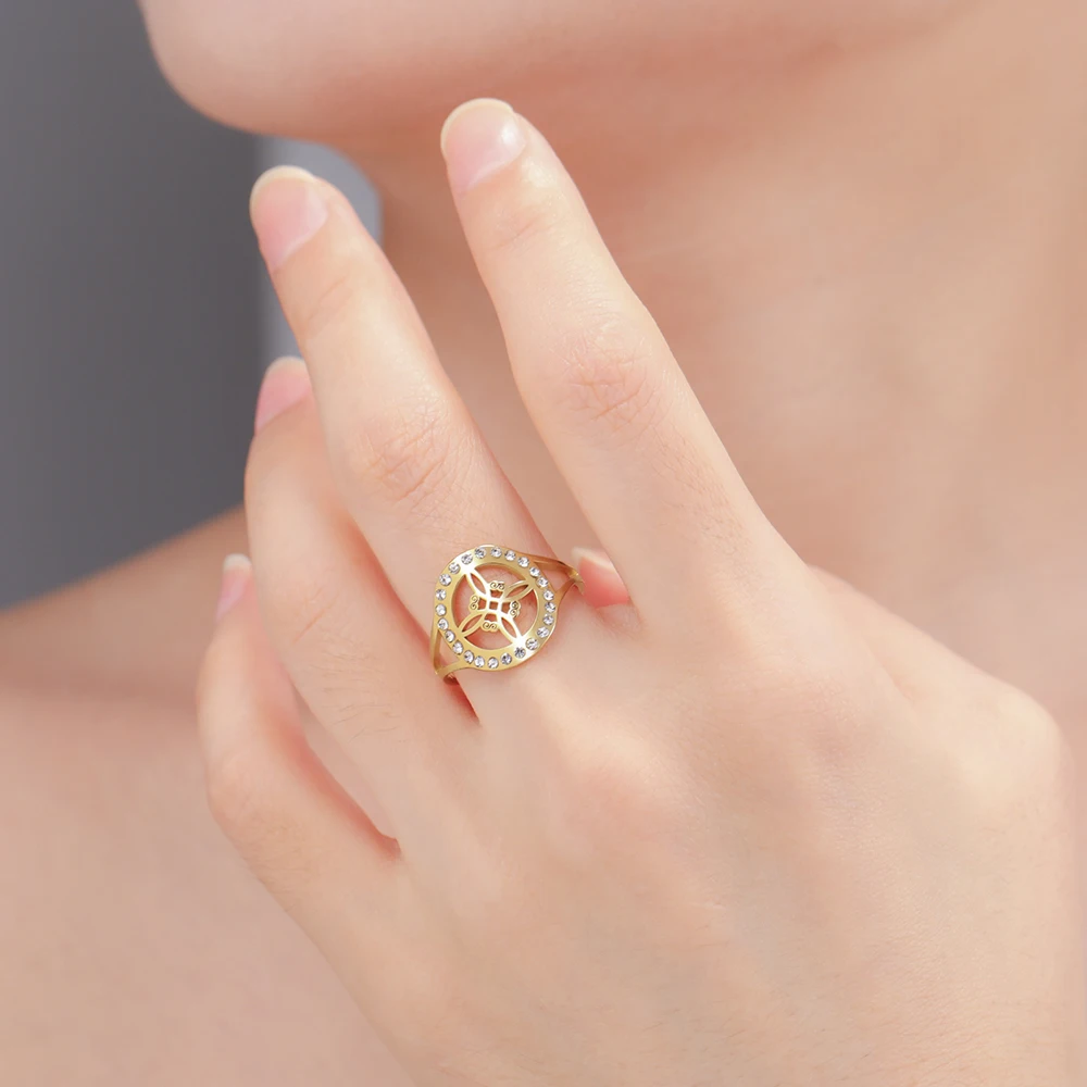 Dawapara Hexenknoten-Ring mit klarem Zirkon, Wicca, verstellbarer Damenring, Edelstahl, religiöser Schmuck, Jahrestag, Geburtstag – Detail 5