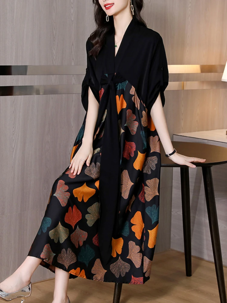 

2023 Summer Silk Printed Mulberry Silk Midi Dress Fall Retro Casual Long Sleeve Dress Elegant Women Vestidos
