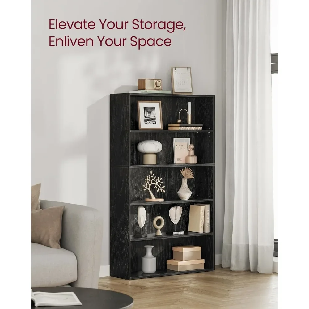 Bookshelf, 31.5 Inches Wide, 5-Tier Open Bookcase with Adjustable Storage Shelves, Floor Standing Unit, Ebony Black Bookshelf 4