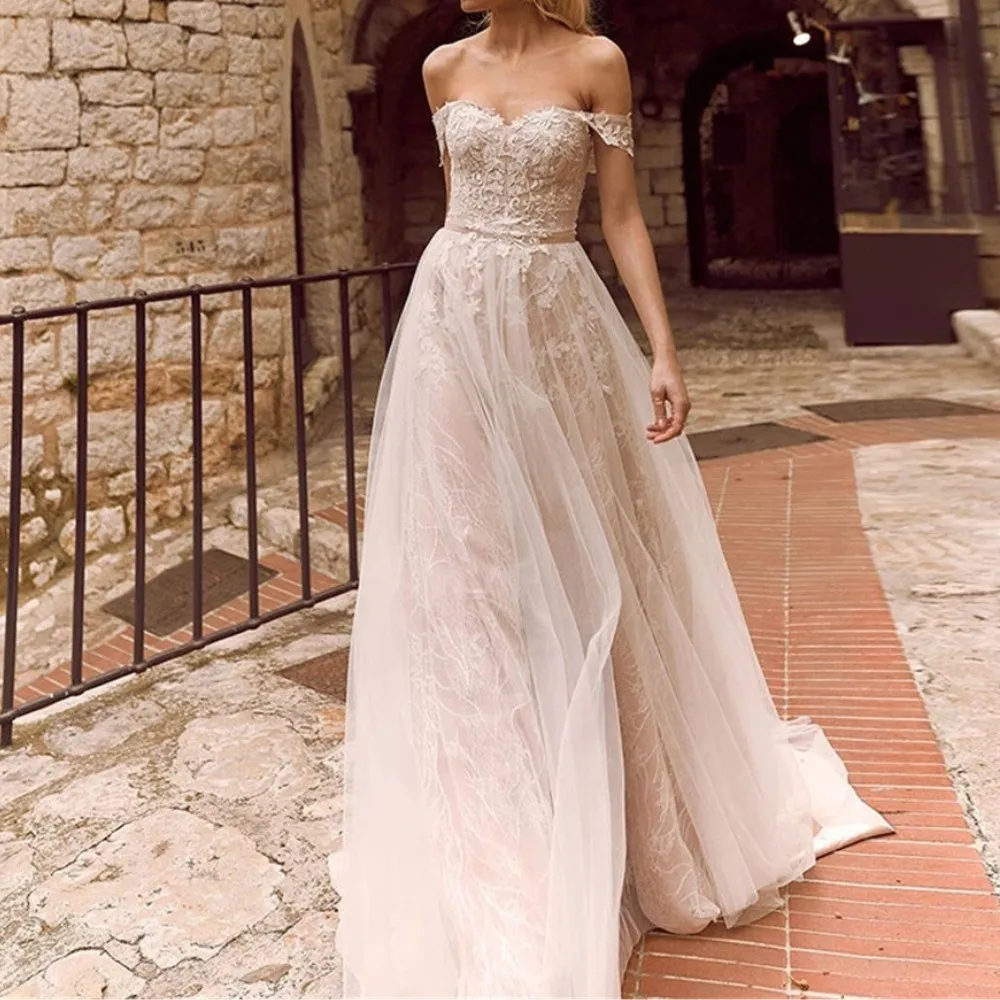 

A Line Robes Appliques Sweetheart Lace Wedding Dress For Women Off The Shoulder Beach Bride