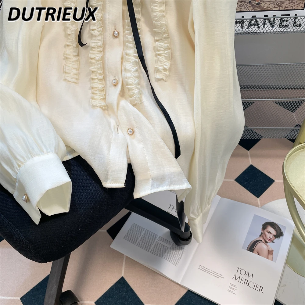 French Lolita Sweet Ruffles Lace-up Bow White Chiffon Shirt Women 2023 Autumn New Stand-up Collar Long Sleeve Button Blouse Top