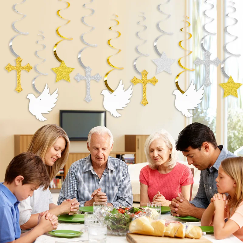 6/12Pcs First Communion Hanging Swirls God Bless and Peace Pigeon Paper Garland Boys Girls Baptism Party Decoration Baby Shower