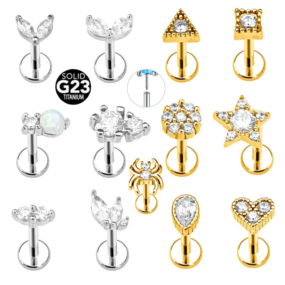 

ASTM F136 G23 Titanium Heart Star Waterdrop Threadless Piercing Triangle Rabbit Daith Conch Earring CZ Opal Labret Stud 16G