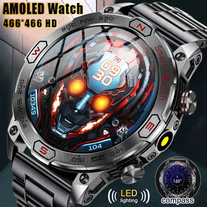 남성용 야외 군사 스마트워치, AMOLED HD 스크린, 450 mAh 배터리, 나침반 피트니스 트래커, 블루투스 통화, LED 조명 스마트워치