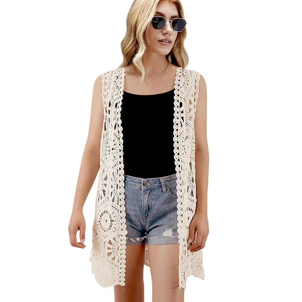 Womens Floral Crochet Lace Boho Trim Sleeveless Open Front Vest Cardigan White Beige women jacket