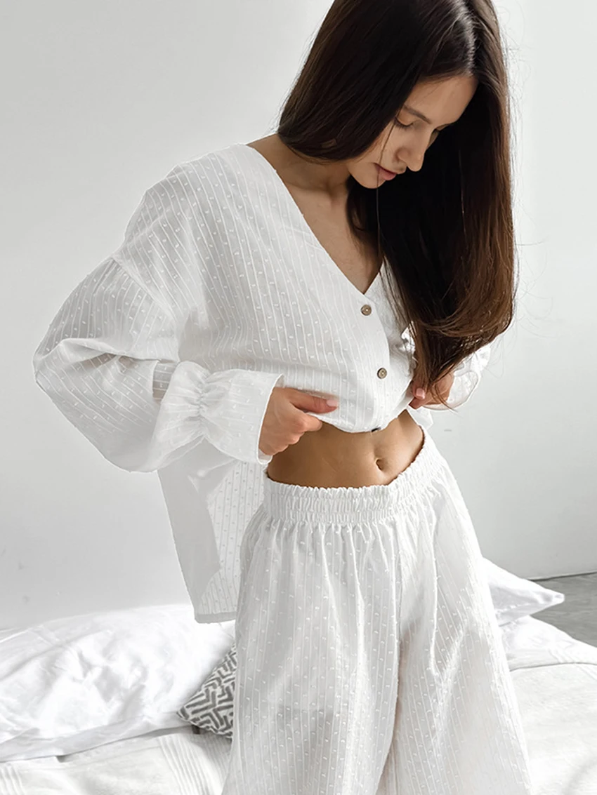 Marthaqiqi Cotton Loose Ladies Pajama Suit Long Sleeve Nightgown Sexy V-Neck Sleepwear Pants Casual Female Nightwear 2 Piece Set