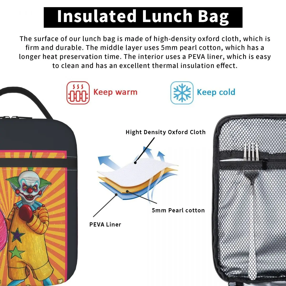 Killer Klowns From Outer Space Lunch Bag For Girls Horror Movies Lunch Box Picnic Cooler Bag Convenient Oxford Tote Food Bags
