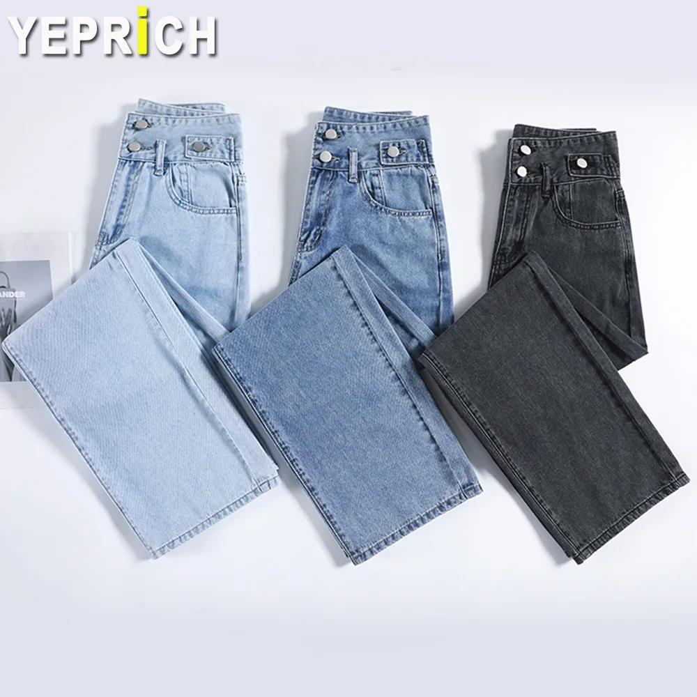 Jeans retrô preto feminino, estilo coreano, solto, reto, calça