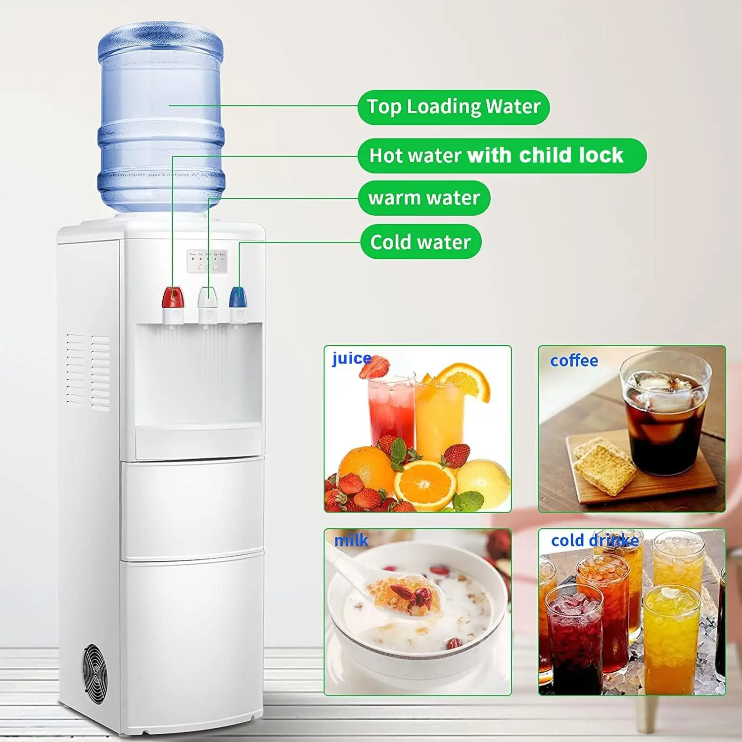 Cooler Dispenser with Built-in Ice Maker, Hot and Cold Top Loading 3 to 5 Gallon Bottle Water Dispenser,27LBS/24H Ice Maker Mach 2
