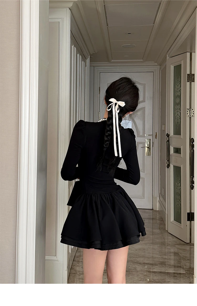Elegant Solid Knitted Dress Women Long Sleeve Half High Collar A-line Mini Dresses Autumn Winter Birthday Party Vestidos Trend