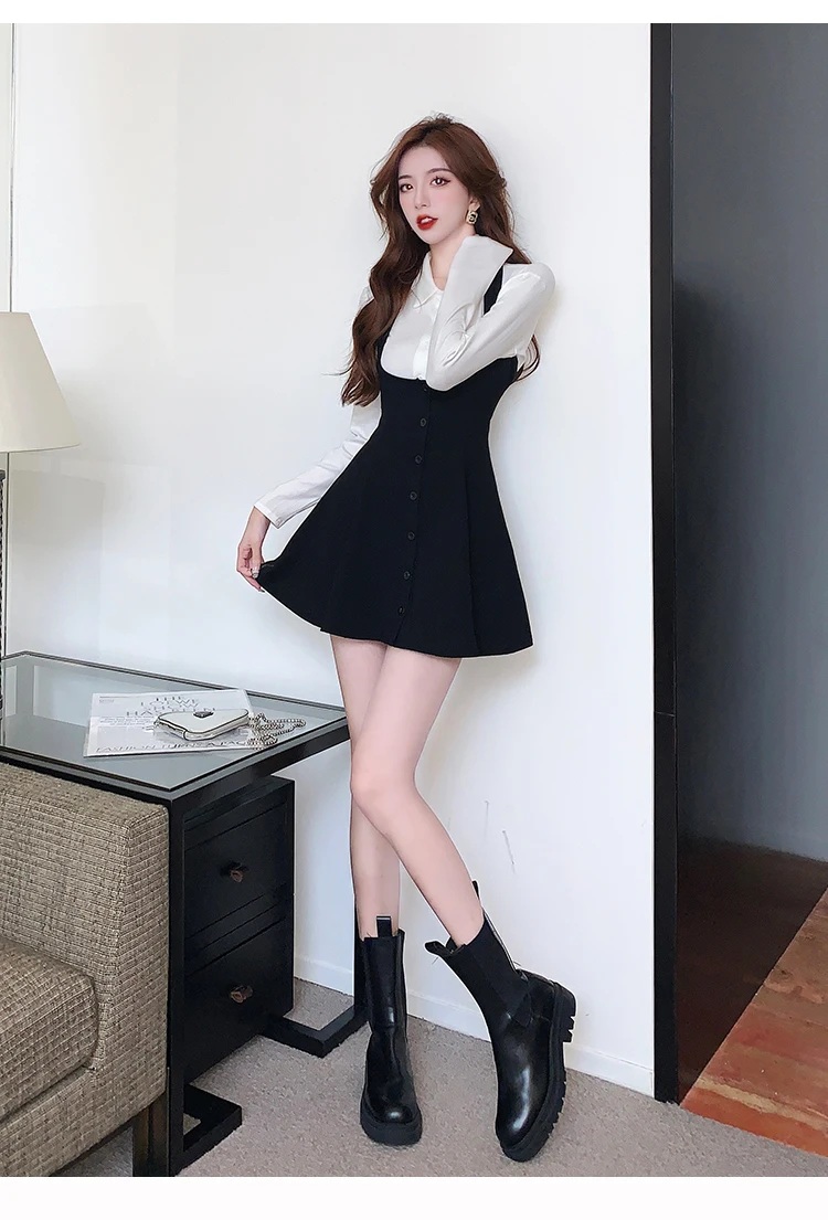Autumn New Two-piece Skirt Sets Women Long Sleeve White Blouse High Waist Halter Mini Dress Korean Fashion Y2K Harajuku Outfits