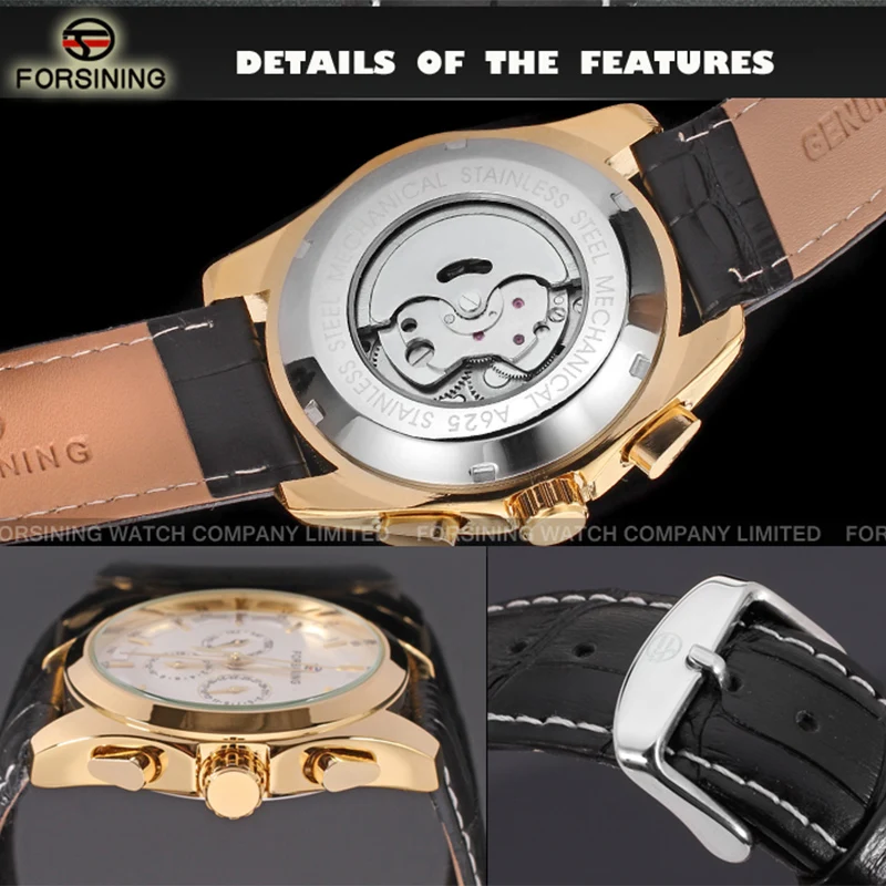 Original Automatic Men Gold Watch Mechanical Waterproof Luminous Multifunctional Male Leather Wrist Watches