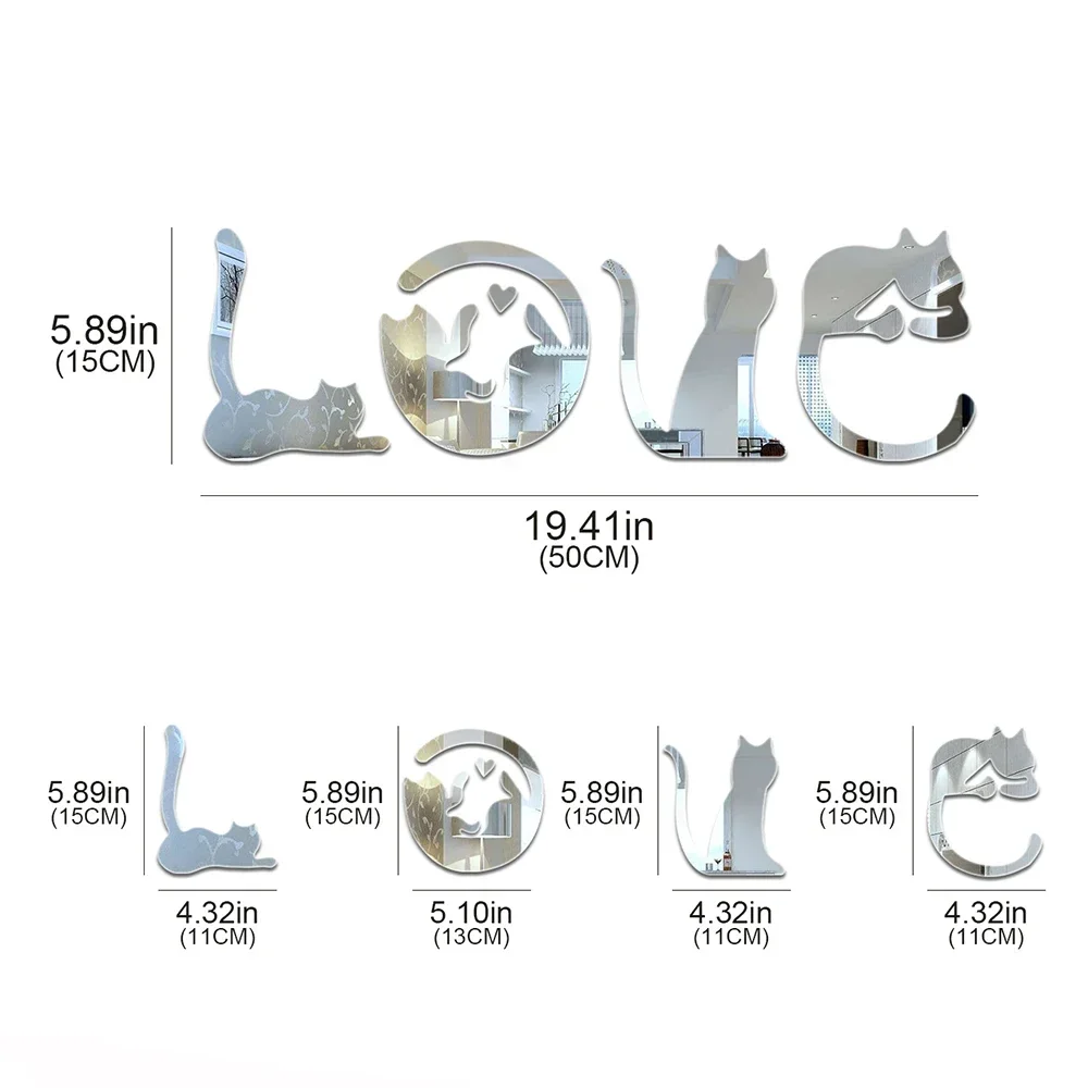 Wall Sticker Mirror Wall Sticker Acrylic Wall Sticker LOVE Cat Mirror 3D Wall Sticker Acrylic Paste Home Decoration Cats Wallpaper Bathroom Bedroom Living Room Door Wall Decor