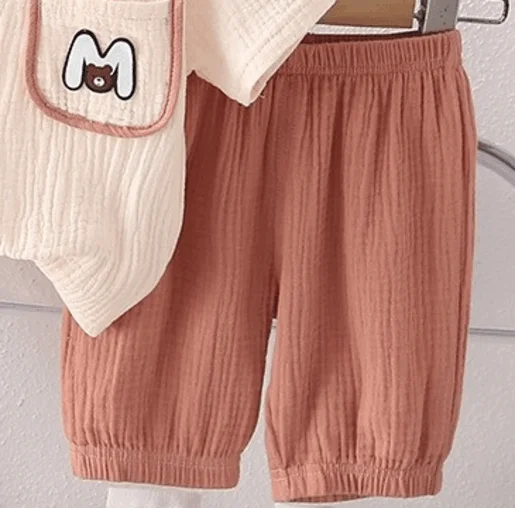 Infant Boys Daily Two Piece Clothes Set Breathable Crinkled Gauze Henley Shirt Letter Bear Pocket Elastic Cuff Casual Pants Suit 5