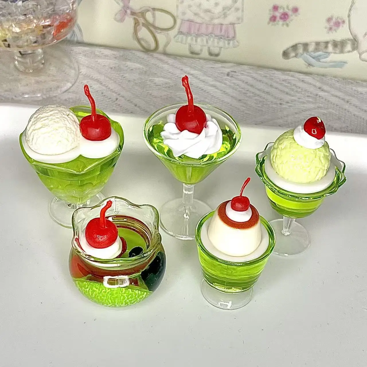 Showa Mini Honeydew Melon Soda Jelly Ornaments Mini Ice Cream Original 2D Photoglass Cute Props Dripping Gift Room Decoration