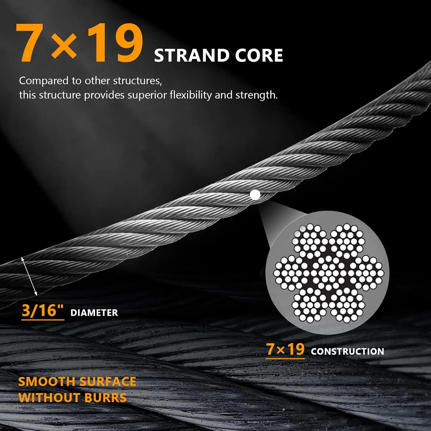 Steel Cable 3/16 Inch, 7 x 19 Strands Construction, 500FT Wire Rope Aircraft Cable for Pulling, Lifting, Deck Railing, DIY