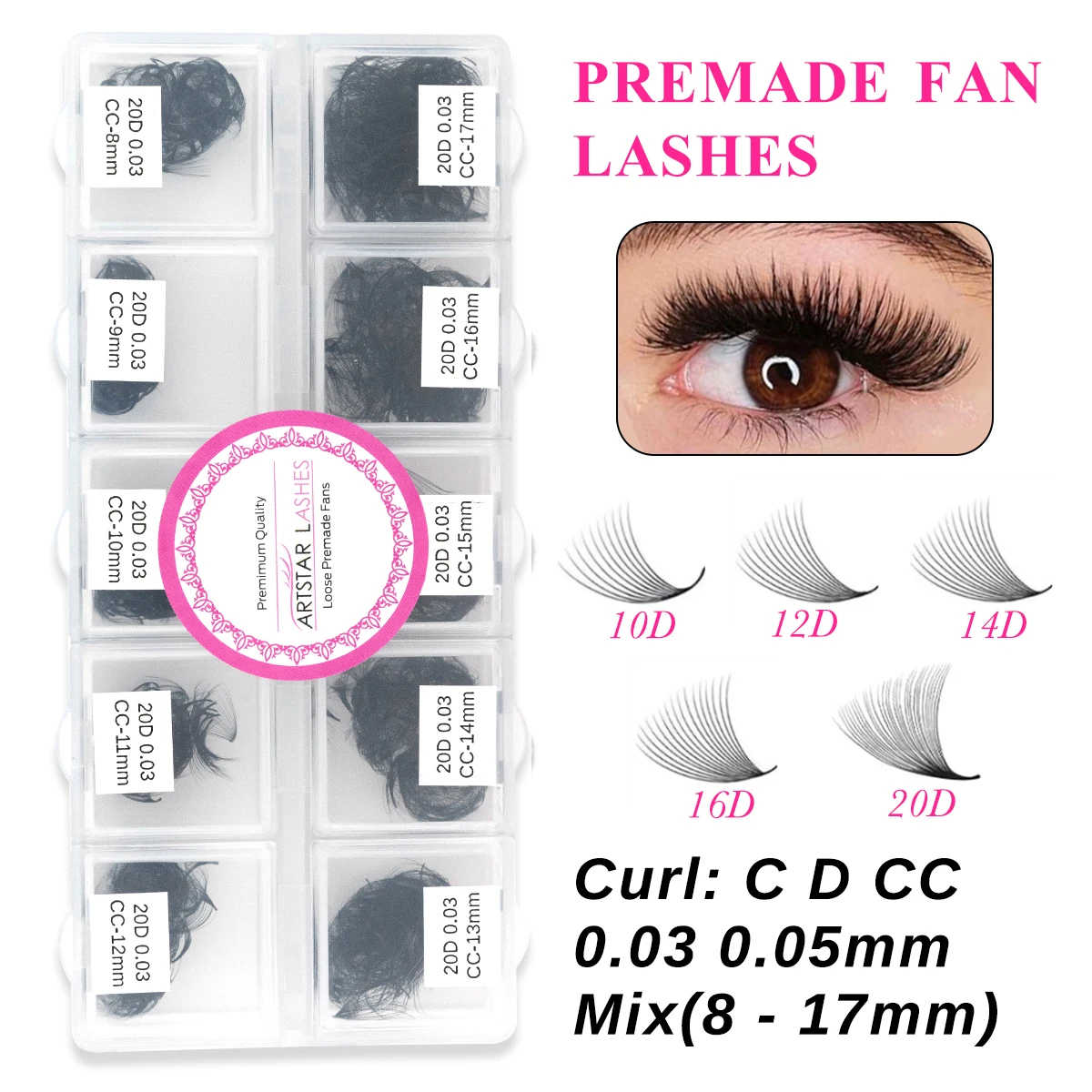 ARTSTAR Lashes 10D 12D 14D 16D 20D 1000Fans Mix8-17mm Premade Volume Fans Eyelashes C D CC Curl Pointy Base Lash Extensions