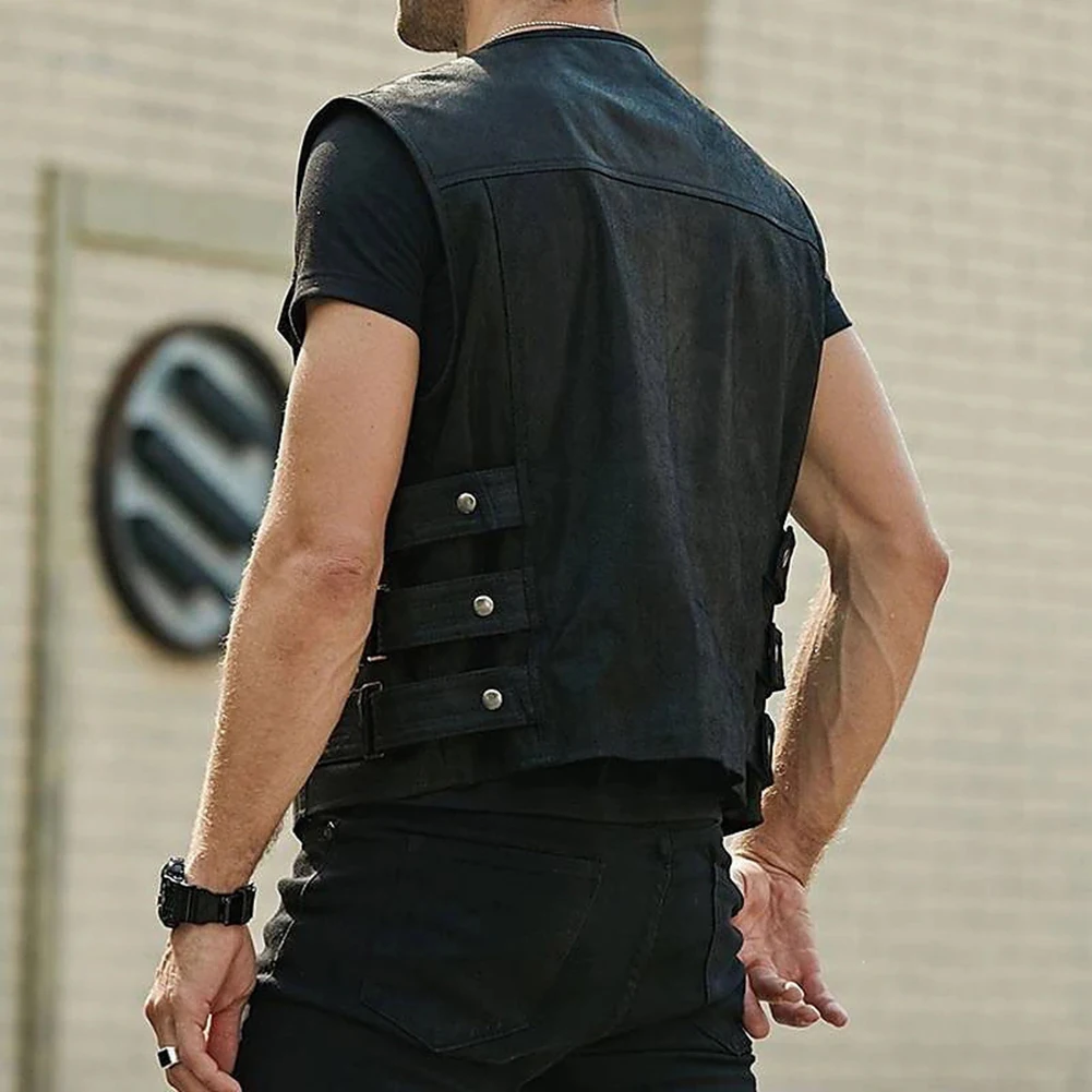 Modern Biker Faux Leather Waistcoat For Men  Motorcycle Black Vest With Multiple Club Pockets  Sleek And Sleeveless
