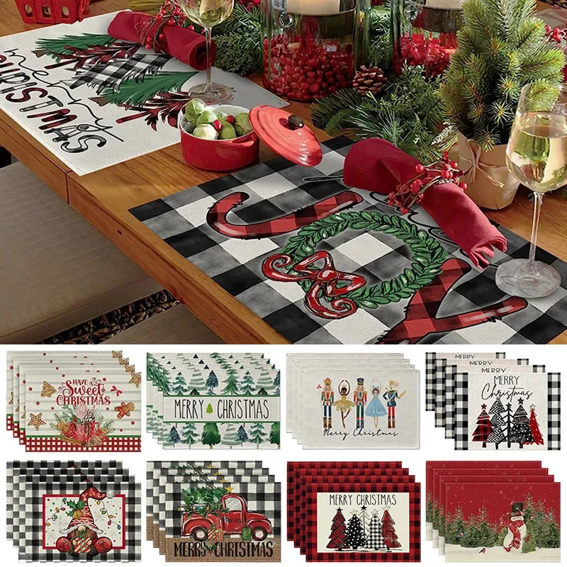 4Pcs Christmas Tree Elk Placemat Linen Dining Table Mats Coaster Bowl Coffee Cup Pad Mat 2024 Navidad Home Kitchen Decoration