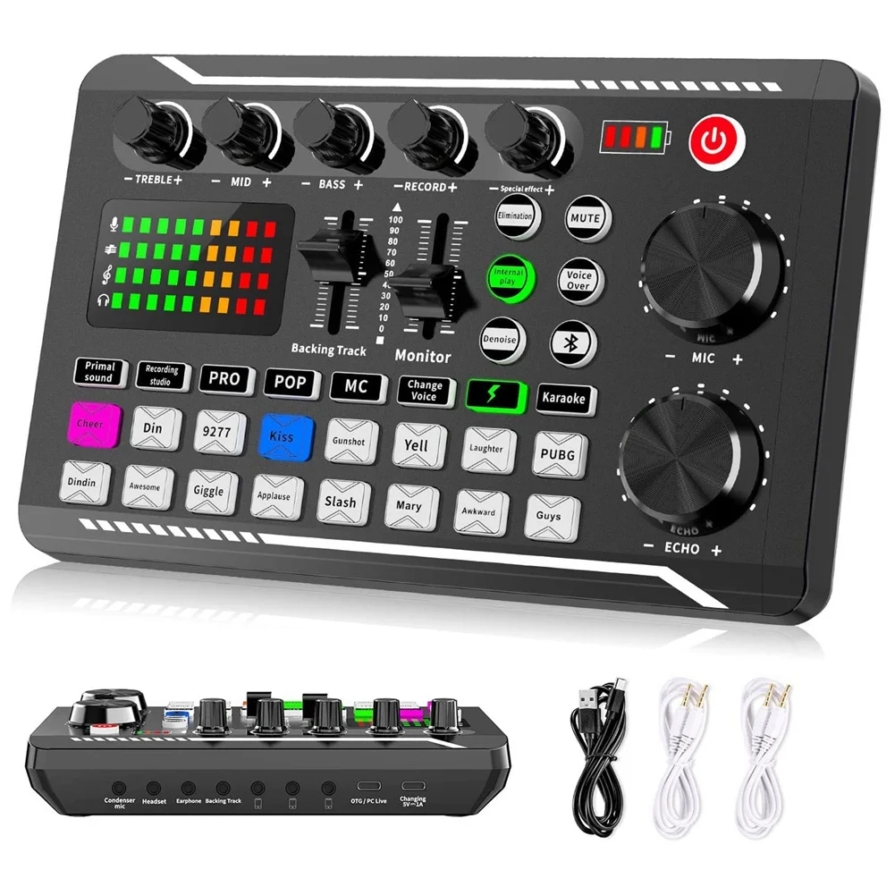 

F998 Live Sound Card Audio Mixer Podcast, Voice Changer for Board for Microphone Karaoke