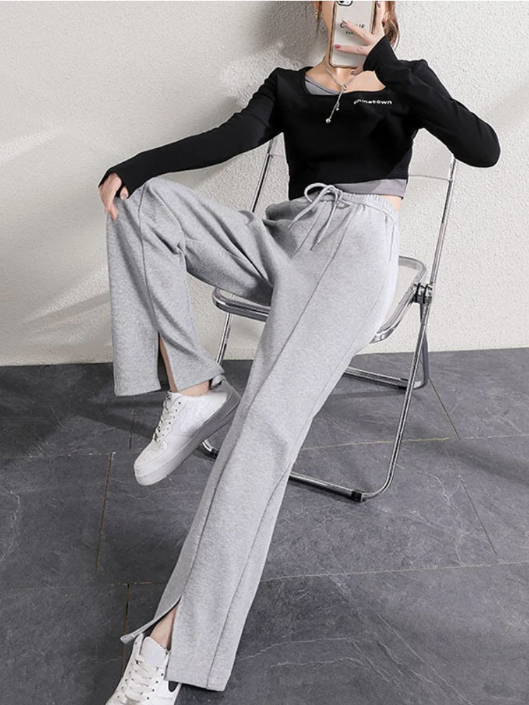 

Spring Women Pants Wide Leg Casual Korean Style Lace Up Gray Split High Waist Sweatpants Long Oversize Trousers for Women Jogger