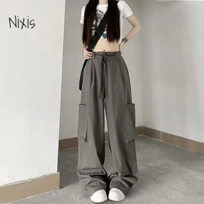 Baggy Grey Cargo Pants for Women Summer New Straight Wide Trousers Oversize Vintage Street Style Clothing Y2k Korean Fashion