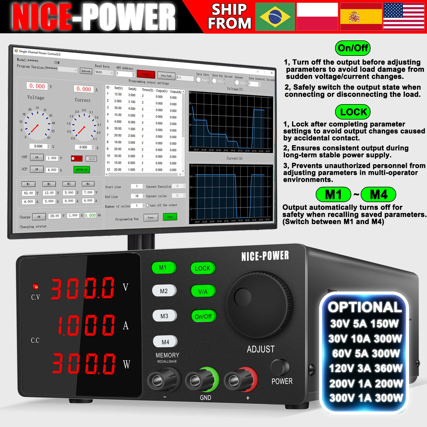 NICE-POWER RS232 Programmable LAB Power Supply 200V 300V DC Adjustable Laboratory Maintenance Workbench 30V 10A Edit Stored Data