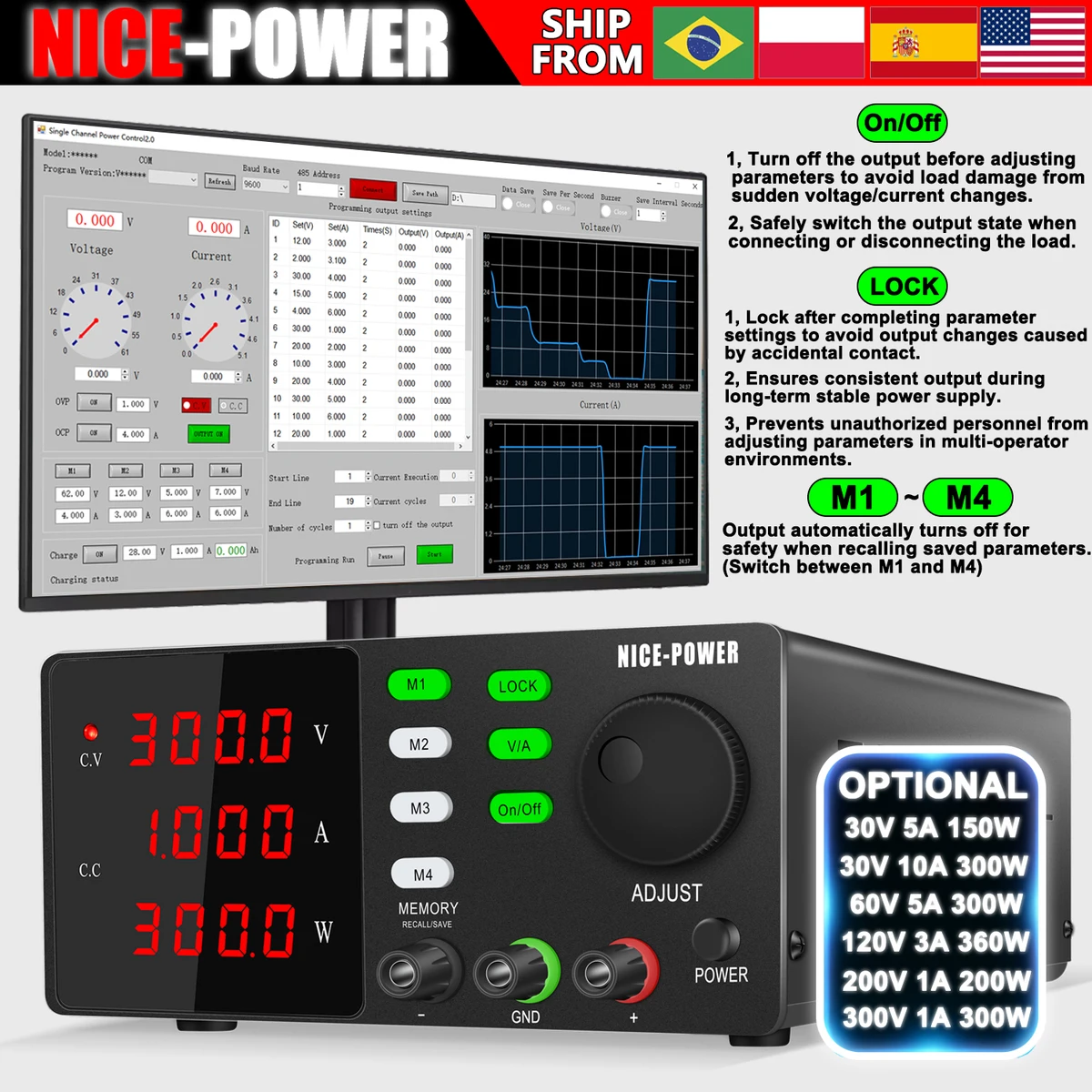 NICE-POWER RS232 Programmable LAB Power Supply 200V 300V DC Adjustable Laboratory Maintenance Workbench 30V 10A Edit Stored Data