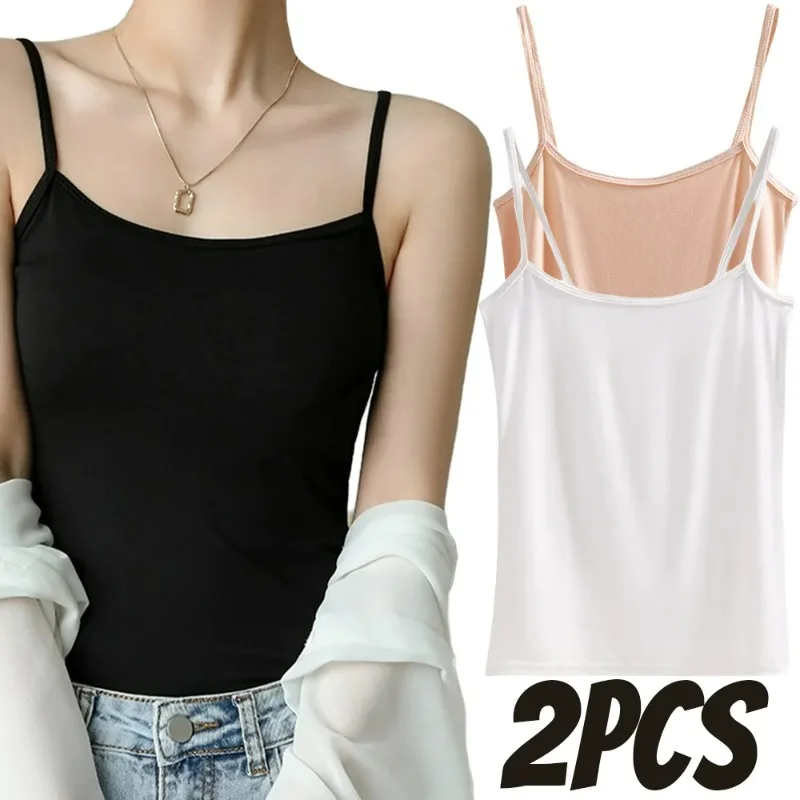 

2PCS Summer Sexy Camisoles For Women Crop Top Sleeveless Shirt Sexy Slim Lady Bralette Padded Tops Strap Skinny Vest Camisole