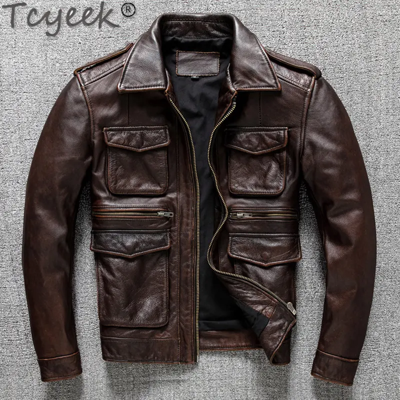 

Tcyeek New Real Leather Jacket Men Vintage Spring Autumn Cow Leather Coat Men's Short Motorcycle Jackets Jaqueta Masculina LM483