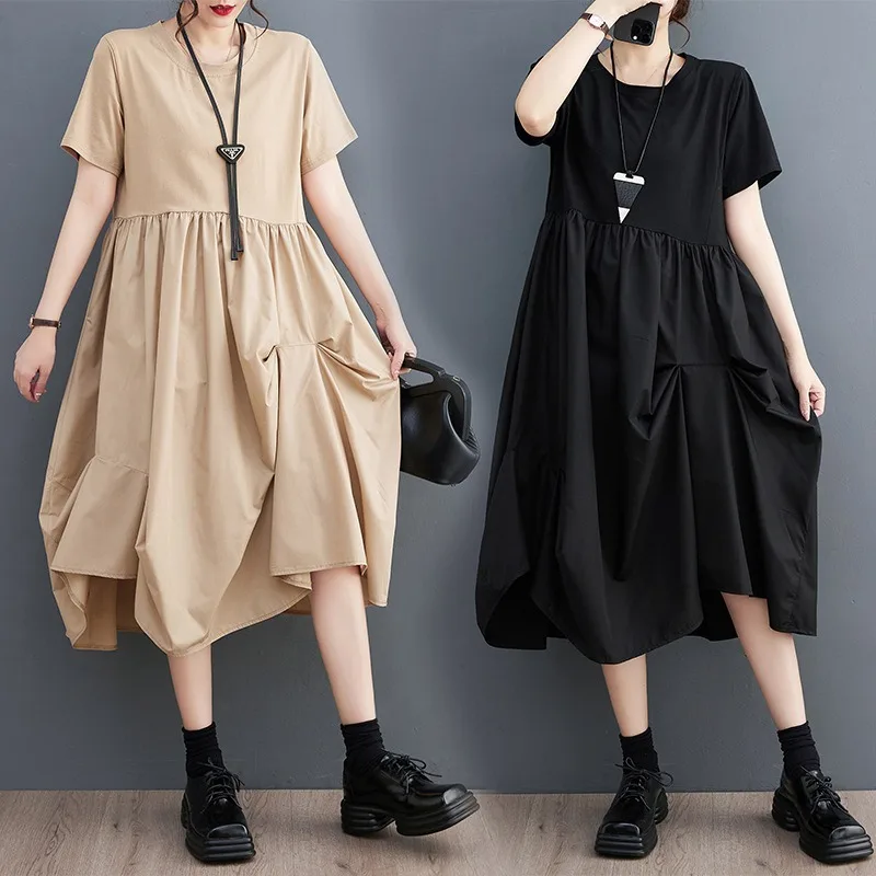 Casual O-neck Pullover Short Sleeve Cotton Linen Pleated Black Womens Dresses Loose Waist Patchwork A-line Skirt Korean Style