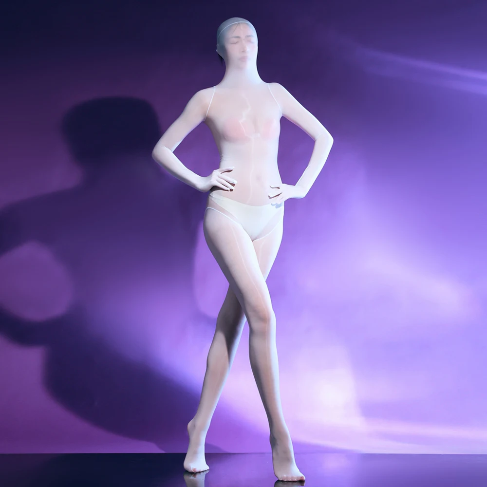 Sexy Women High Collar Mask Hooded Tights Oil Glossy Elastic Bodysuit See Through Glove Rompers Cosplay Maid Jumpsuits 4