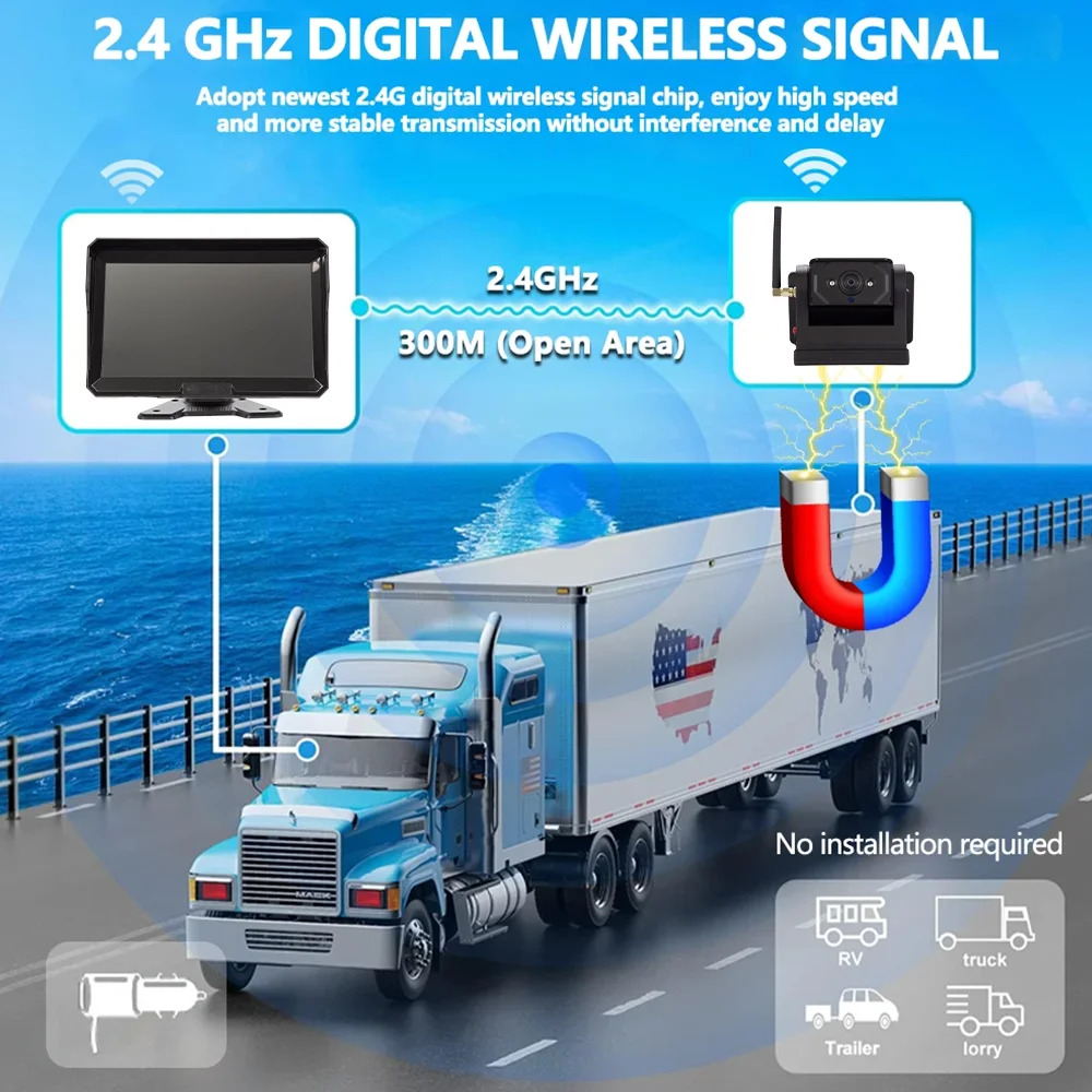 10.1" Wireless Vehicle DVR 2.4G BSD Recording Monitor System Kit Solar Charge With 720P Backup Rear View Camera For Truck/RV/Bus 3