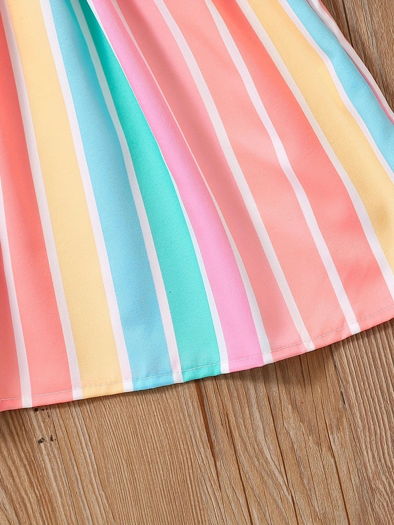 Girls' striped parallel pleated ruffle A-line dress, the latest summer suspender casual rainbow dress for girls in 2025 6
