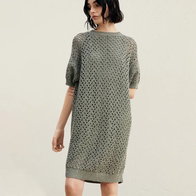 

Spring and Summer New Women Sparkling Mesh Knitted Two-piece Mid-length Dress