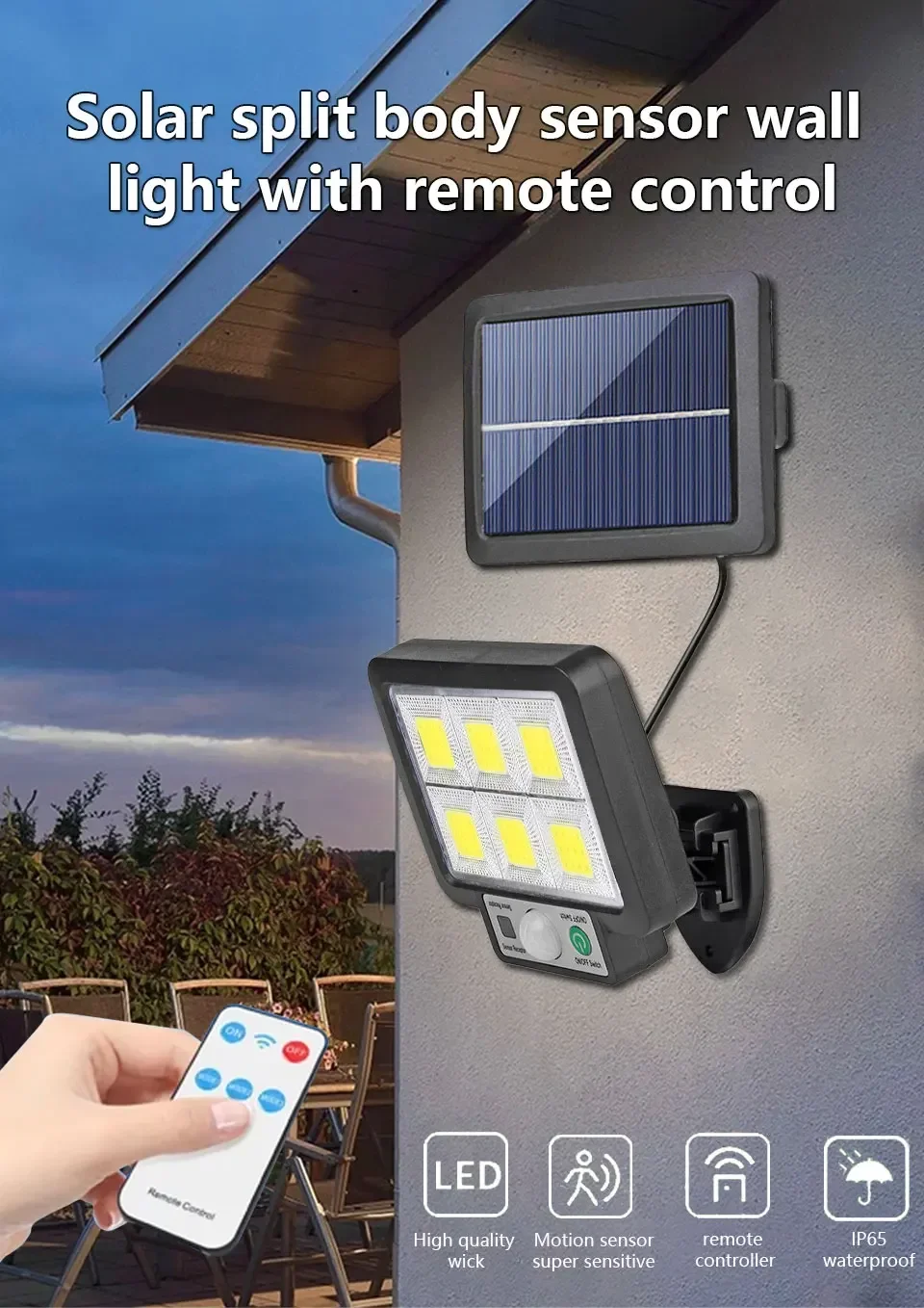 Description Picture 2 of itemCOB LED Solar Light Outdoor Wall Lamp 3 Modes Waterproof Motion Sensor Split Solar Lamp Garden Street Garage Security Lighting