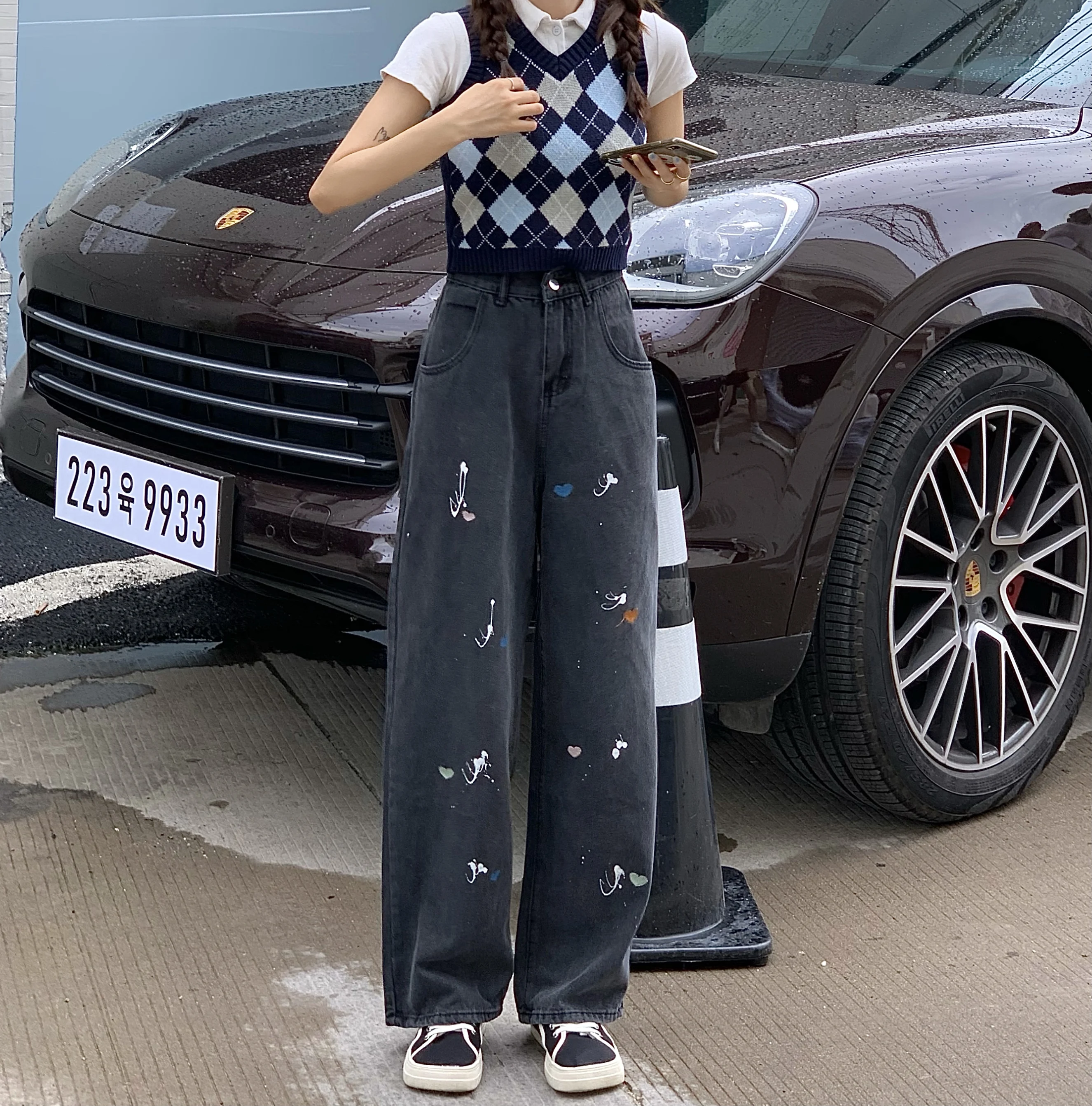 

y2k Women's pants Swing paint design Love embroidered loose wide leg jeans Daddy pants