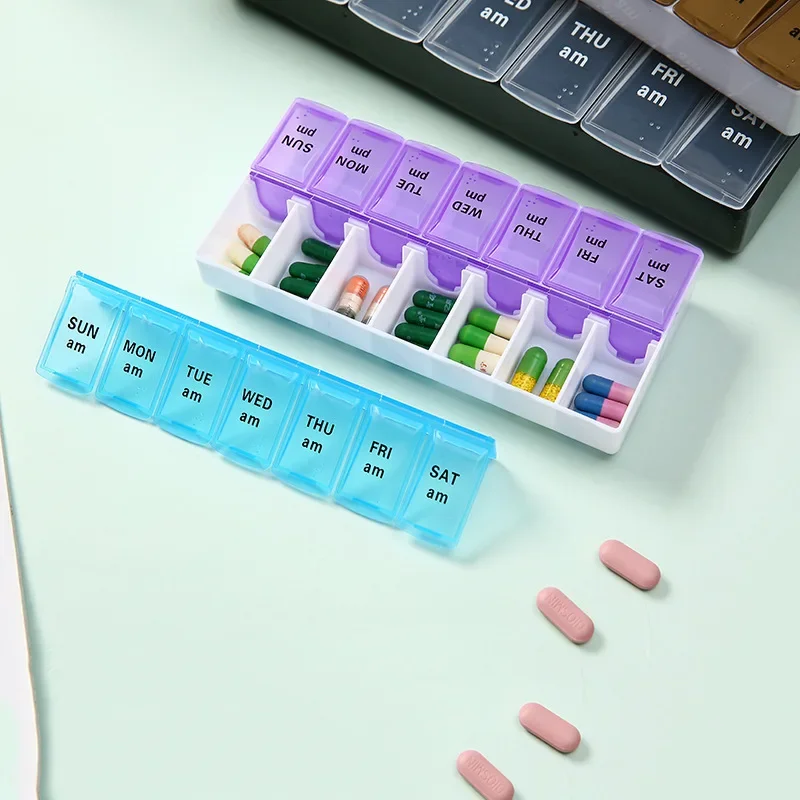 Pill Organizer Weekly Pill Box Organizer Cases Portable 7 Days 14 Grids Pills Container Storage Tablets Vitamins Medicine Fish Oils