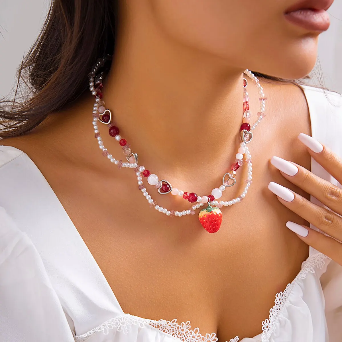 S9d8608077e4d4c85a72a03bad1d349a5p Sweet Imitation Pearl Strawberry Pendant Choker Necklace for Women Korean Fashion Love Heart Beaded Clavicle Chain Y2K Jewelry Mallzona