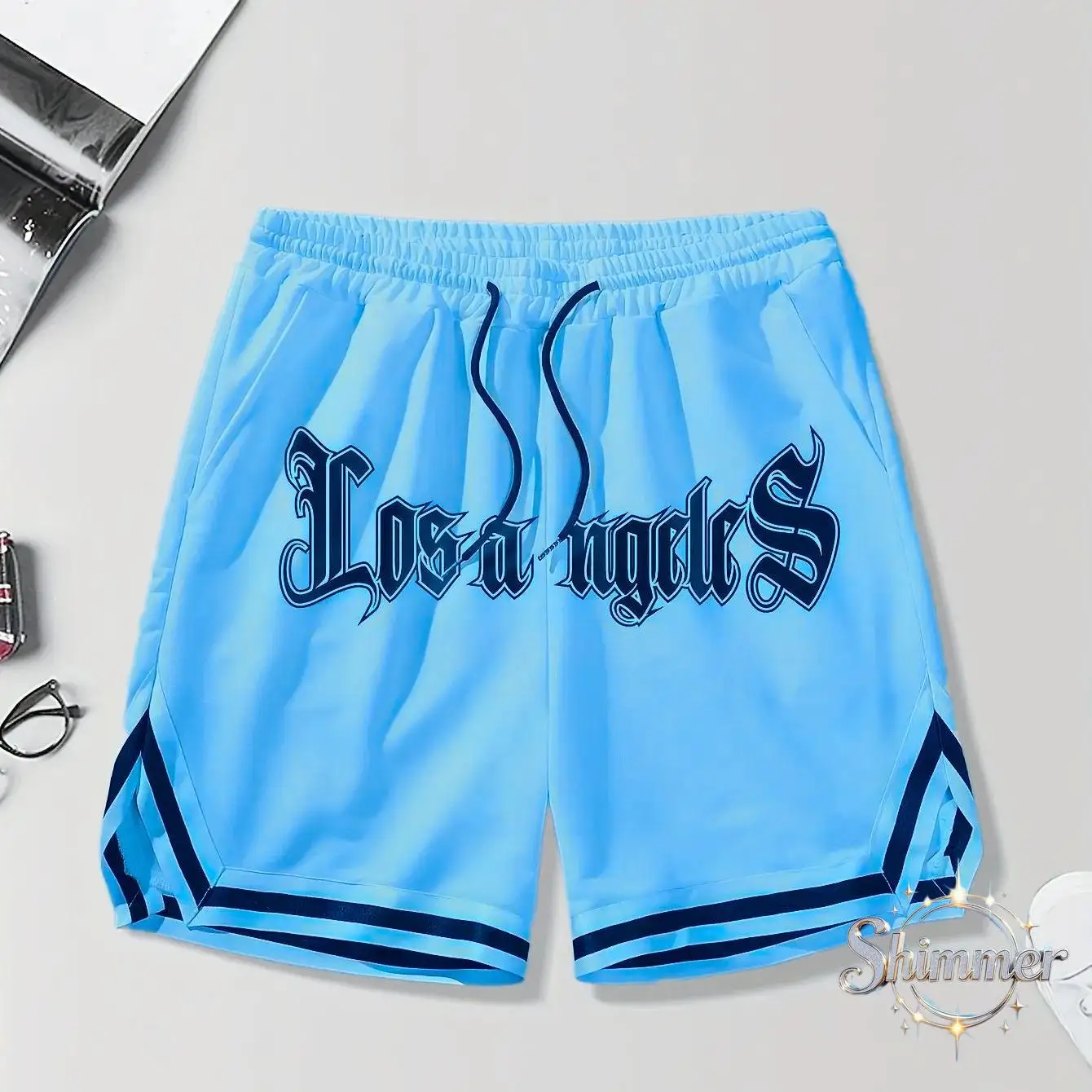 Stylish Men's 3D LOS ANGELES Basketball Shorts with Alphabet Print, Loose Fit with Drawstring and Pockets