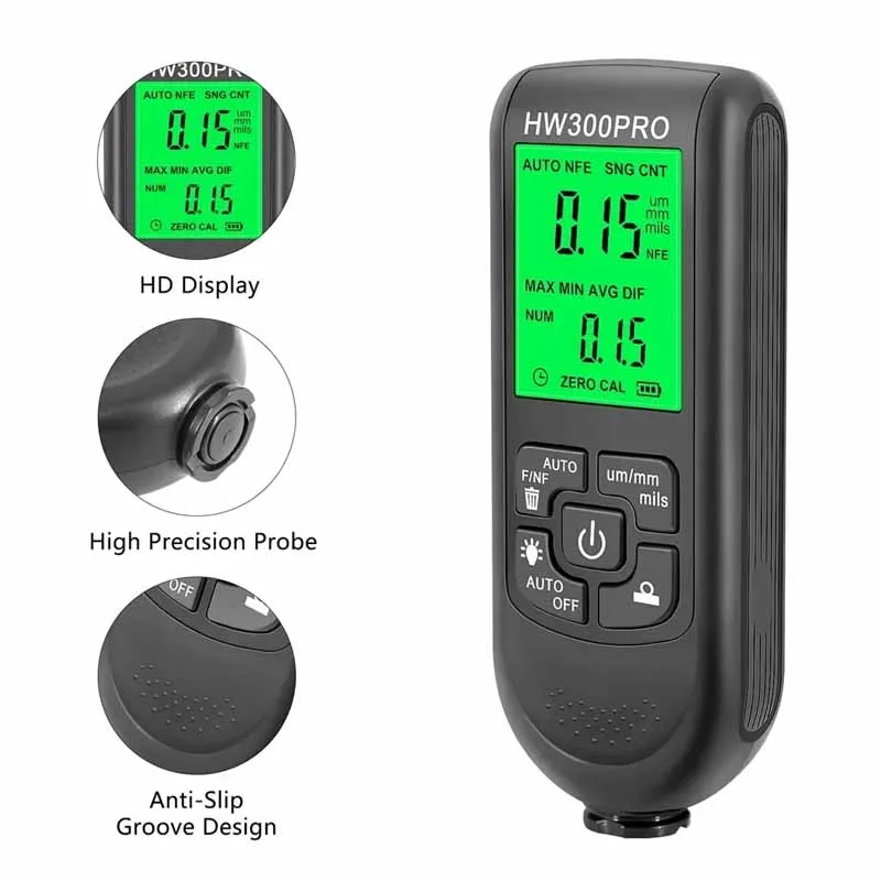 

Electroplate Metal Coating Thickness Tester HW-300 Digital 0-2000um Fe and NFe Probe Car Paint Coating Thickness Gauge Detection